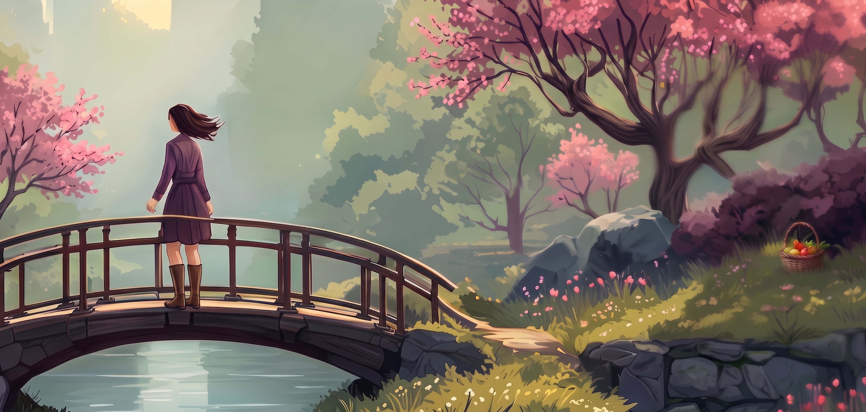 Femme sur un pont entourée de cerisiers en fleurs, dans un jardin printanier serein